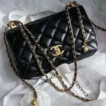 全新真品 CHANEL 黑色 雙金珠 WOC 羊皮 19CM 可調節 斜挎 單肩 口蓋包 AP2289 現貨S