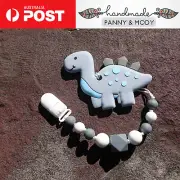 Grey Dinosaur Teething Toy Dummy Clip Soother Chain Teether Pacifier Clip Z1