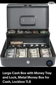 Quality Locking Large Metal Cash Box with Money Coin Tray, Lock Box, Black
