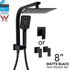 WELS Black Twin 8" Square Rain Handheld Shower Head Gooseneck Arm Mixer Taps Set