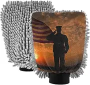 XYMZR America Sunset Soldier Absorbent Microfiber Car Wash Mitt, Funny Cute Anime Scratch Free for Cars Cleaning, Home Cleaning Mitts, 2 Pack, 10.24” L x 7.09” W