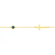 9ct Gold 19cm Blue Evil Eye & Cross Trace Bracelet