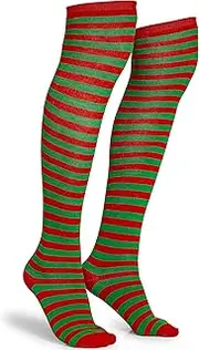 [Skeleteen] Red and Green Socks - Over the Knee Thigh High Striped Elf Costume Accessories Stockings for Men, Women and Kids, Red Green, One Size