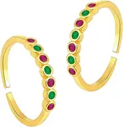 [Aheli] Gold Plated Rani Pink Green Cubic Zirconia Studded Fancy Adjustable Toe Ring Bichiya Fashion Jewellery for Women, Metal, No Gemstone