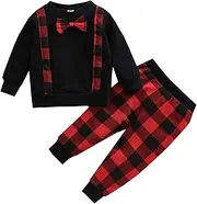 [Generic] Boys Clothes 8 10 Toddler Kids Boys Outfit Christmas Plaid Prints Bowknot Long Sleeves Top Plaid Pants 2pcs Set Outfits Jacket Baby Boy (Red, 12-18 Months)