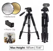 187cm/73.6in Tall Zomei Aluminum Alloy Portable Tripod for Camera DSLR Canon Nikon, 360 Degree Panorama Photography Phone Stand Q188-BK-Clip-BGB