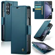 CaseMe Samsung Galaxy Z Fold 5 Retro PU Leather Wallet Case with RFID Blocking Card Holder and Magnetic Closure Cover (Cyan Blue)