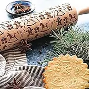 DigScape Christmas Wooden Rolling Pin for Baking,Engraved Embossing Rolling Pin Cookie Stamps Roller Square Grid Cookies Mold Kitchen Decor Tools for Kids Adults(Gingerbread Man)