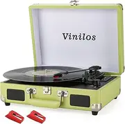 Portable Retro Bluetooth Vinyl Record Player with Hi-Fi Sound, USB Recording, 3-Speed Belt-Drive Turntable, Built-in Stereo Speakers, RCA Output, Includes 2 Extra Stylus(Yellow)– Vinilos
