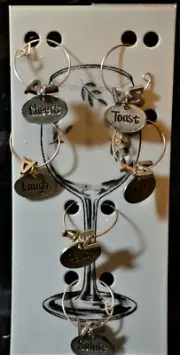 Wine Glass Charms Markers Tags Labels, Metal Laugh, Hope, Peace, Toast Set of 6