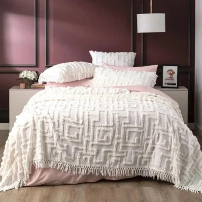 3 pc Tufted Duvet Cover Queen, Matching Pillows Cotton Flat sheet Comforter Set