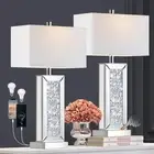 Modern Table Lamp Set of 2 Touch Control, Silver Mirror Big Diamond Crystal B...