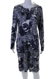 Tory Burch Womens Long Sleeve Silk Knit Floral Spotted Cory Dress Blue Large