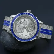 Sapphire Blue White Gold Custom Solid Steel Baguette Bezel & Band Diamond Watch