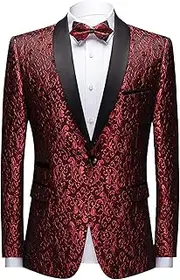 [JEShifangjiusu] Men's Jacquard One Button Suit Blazer Stylish Shawl Lapel Tuxedo Jacket for Dinner,Prom,Wedding, Red, L