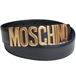 MOSCHINO 義大利製金色字母LOGO高質感荔枝壓紋防刮牛皮皮帶(黑)