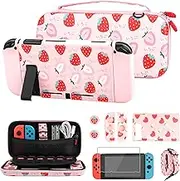 FUNDIARY Cute Strawberry Carrying Case for Nintendo Switch, Travel Bag Accessories Bundle for Switch with Protective Case, Screen Protector, Adjustable Shoulder Strap and 2 Strawberry Thumb Caps