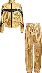 [Loodgao] Kids Boys Girls Metallic Suits Hip Hop Jazz Dance Costumes 2pcs Shiny Jacket and Pants Modern Dancewear
