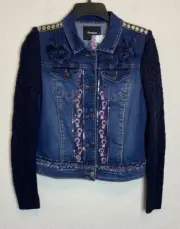 NWT Desigual Exotic Ruffle Jean Jacket Embroidered Embellished Floral Sequins XS