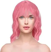 VICASKY Short Pink Wig for Women Curly Pastel Pink Wig with Bangs Shoulder Wavy Hair Fit for Cosplay Parties Daily Wear Easy Maintenance and Comfortable Wear