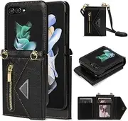 Crossbody Lanyard Leather Phone Case for Samsung Galaxy Z Flip 6 5 4 Flip6 Flip5 Flip4 Zipper Wallet Card Slot Holder Cover,Black,for Galaxy Z Flip6