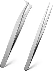 FERYES Lash Extension Tweezers Set(2 PCS),Straight and Curved Pointed Tip Tweezers for Eyelashes Extensions or 3D 6D Volume Mink Isolation,Professional Stainless Steel Eye Lash Application Tweezer
