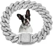 Silver White Puppy Chain Collar Bling Cuban Link Chain Metal 15mm Wide Diamond Bling Puppy Necklace for Small Medium Large Pet Dog Cat (10 inch)