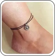 [Inilbran] Boho Sunflower Anklets Black Hemp Rope Ankle Bracelet Layered Wax Rope Ankle Bracelet Silver Sunflower Dangle Chain Anklet Vintage Sun Anklet Foot Chain Jewelry for Women and Girls
