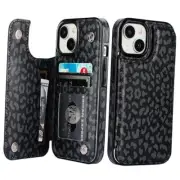 for iPhone 15 Wallet Case with Card Holder, Black Leopard Cheetah Pattern