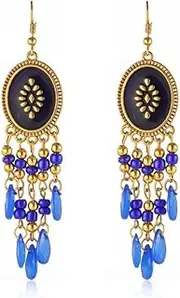 [HXSCOO] Handmade Water Drop Rice Bead Earrings Bohemian Long Tassel Earrings