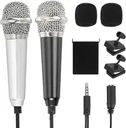 uxcell 2Pcs Mini Microphone, Mic Tiny Microphone with Sponge Cover, Holder and Drawstring Bag Portable for Karaoke Voice Video Recording Singing (Black/Silver)