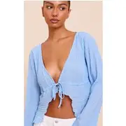 Sky Blue Sheer Plisse Tie Front Flute Sleeve Blouse, Sky Blue