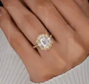 10K Solid Gold Engagement Ring with Emerald Cut Moissanite and Milgrain Details