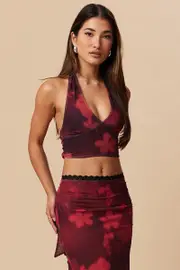 Red Floral Halter Neck Top Tie Back Mesh - Size 14L, Women's Top