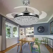 FanLighting 42 Inch Invisible Reversible Ceiling Fan with LED Lights and Remote Control, 4 Retractable Blades Fan Chandelier for Bedroom, Indoor Crystal Ceiling Light Kits with Fans (Chrome)