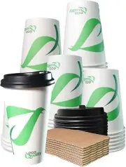 20oz Compostable White Paper Cups with Black Dome Lids and Sleeves 400pcs