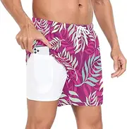 [GuoChe] Mens Beach Shorts Mens 2 in 1 Running Shorts Valentine's Day Tropical Plant Leaves Purple Phone Pocket Board Shorts, Valentine's Day Tropical Plant Leaves Purple, Medium