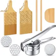 Tessco 6 Pcs Pasta Board Making Tools Gnocchi Board Wooden Potato Ricer Masher Kit with Interchangeable Discs Rolls and Cutter Heavy Duty Stainless Steel Masher for Baking Lover Homemade Kitchen Gift