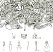 Stiesy 90 Pcs Tibetan Tool Charms Antique Silver Hammer Screwdriver Light Bulb Socket Ladder Tape Charm Bulk Vintage Electrician Dangle for Bracelet Jewelry Making DIY Crafts Necklace