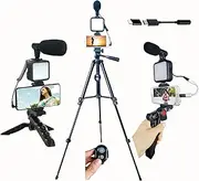 Vlogging Kit for iPhone, Vlogging kit for Android Phone,YouTube Starter Kit with Two Tripods Light Microphone Remote and Jack Adapter, C-VLOG01+09 黑白
