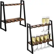 Brown Wood & Black Metal Champagne Flute Stand, Stemware Display Rack, Set of 2
