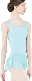 [Wearmoi] TUN001PACL Women's Ballet Skirt Leotard, Microfiber Material, Stretch Tulle, Striped & Floral Design (Large) Pacific Blue