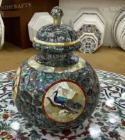 12" Marble Pot, Abalone Shell Inlay, Peacock Vase Pot, Showpiece Decor Pot