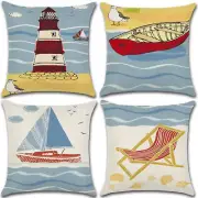 Set of 4 Pillow Covers 18x18, Lighthouse & Sailboat Pattern Style Linen Fabric