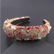 LUXURY HANDMADE PADDED HEADBAND WITH RED RHINESTONES, PEARLS, HAIR ACCESSORY,