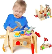 Misitti 29 PCS Kids Tool Set- Wooden Toddler Tool Belt Boxes, for Kids 3-6 Years Old, Montessori Toys Educational Toddler Pretend Play Learning STEM Toys