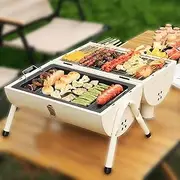 Portable Double Sided Barbecue with Lid and Cooking, Non-stick Cooking Plate, Ventilated Design, Stable Stand, Foldable Storage with Baking Tray and Mesh for Camping, White