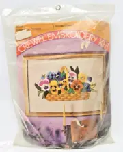 1973 Pauline Denham Crewel Embroidery Kit 6036 Basket of Pansies 14"x20" USA F/S