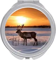 RTSEBVN Travel Makeup Mirror Portable Pocket Mirror Foldable Deer on Snowfield in Sunrise Printing Compact Mirror for Women Gifts