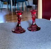 Pair VTG Indiana Glass Co. Ruby Red Flash Glass Paneled 4.5" Candlestick Holders